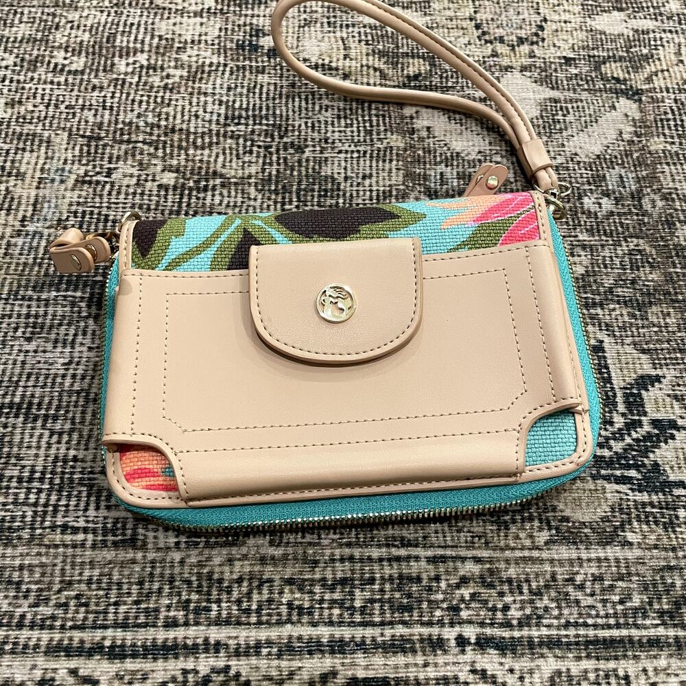 Spartina 449 Beige and Turquoise Floral Wristlet